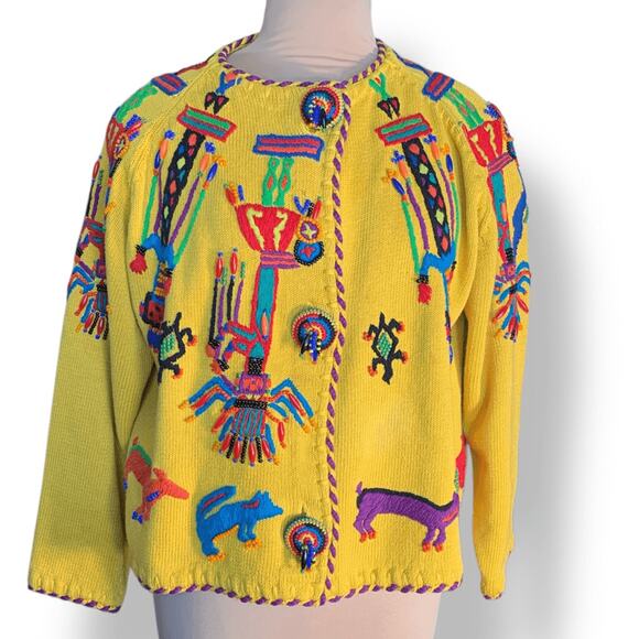 Vintage 90s Michael Simon Henri Bendel Yellow Beaded Abstract Cardigan Large - Picture 15 of 15
